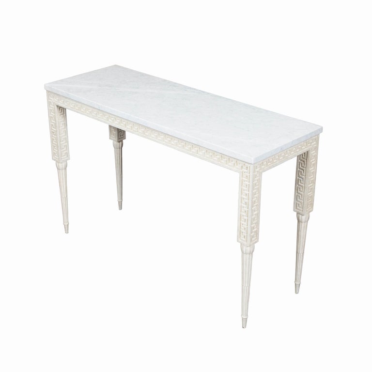 Italian Midcentury Console Table with White Marble Top and Carved Greek ...