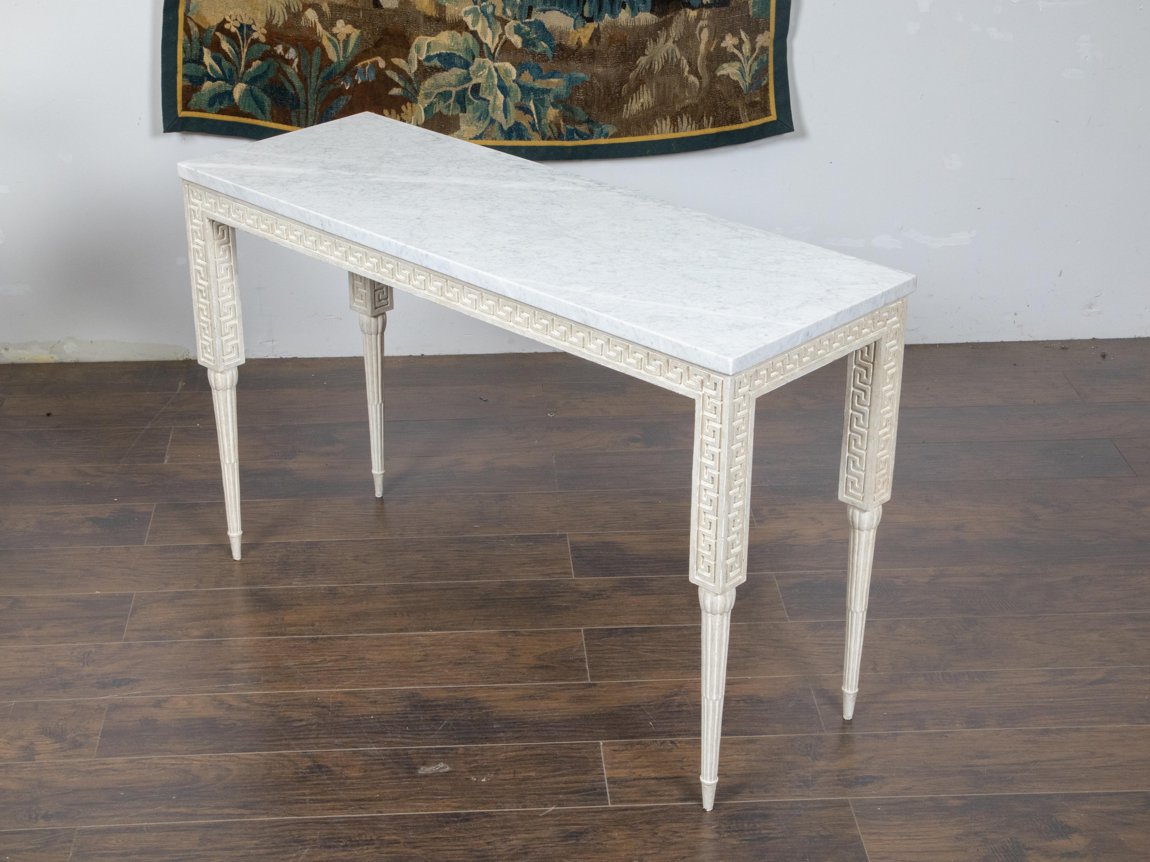 Italian Midcentury Console Table with White Marble Top and Carved Greek Key In Good Condition For Sale In Atlanta, GA