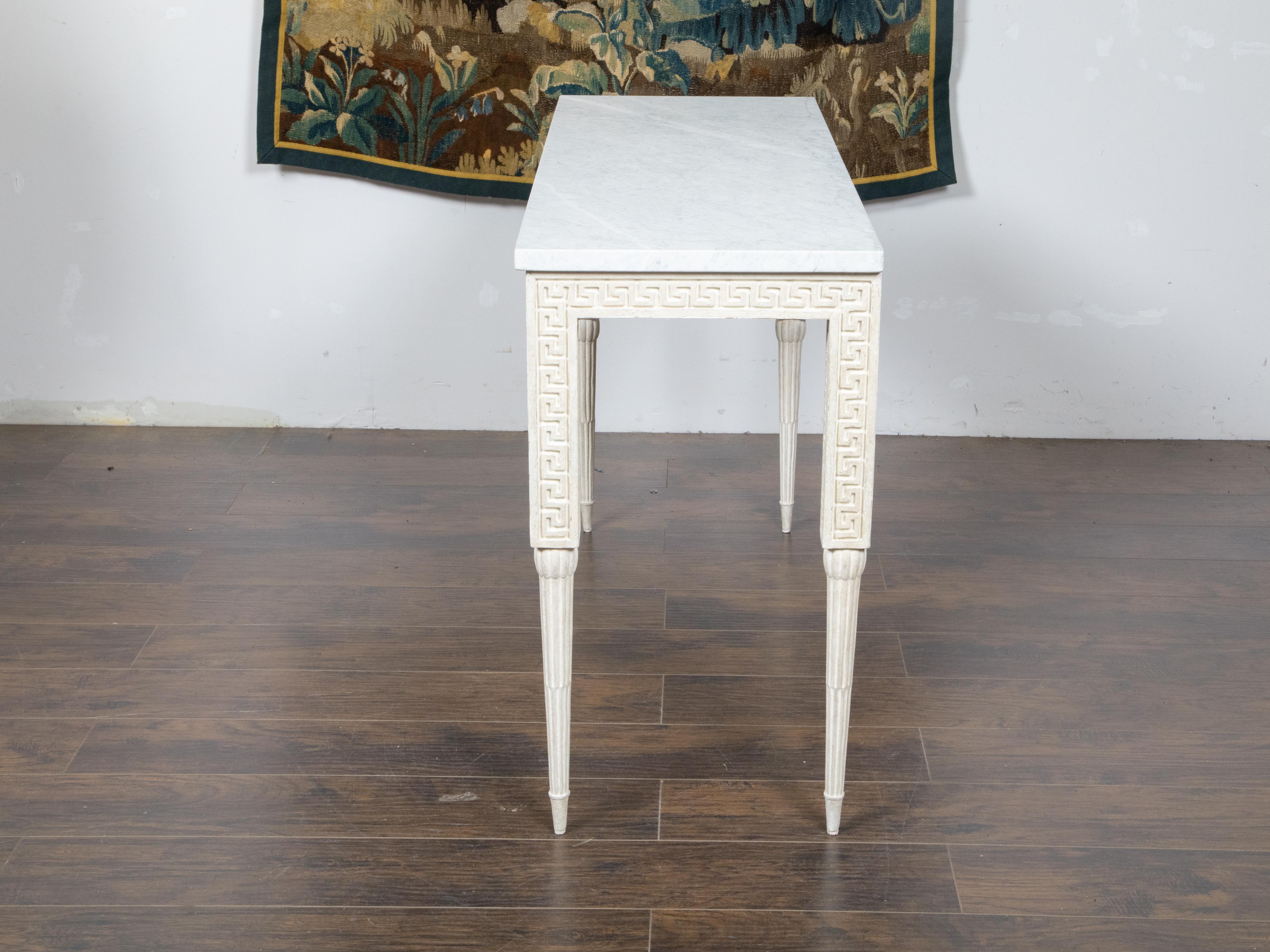 20th Century Italian Midcentury Console Table with White Marble Top and Carved Greek Key For Sale