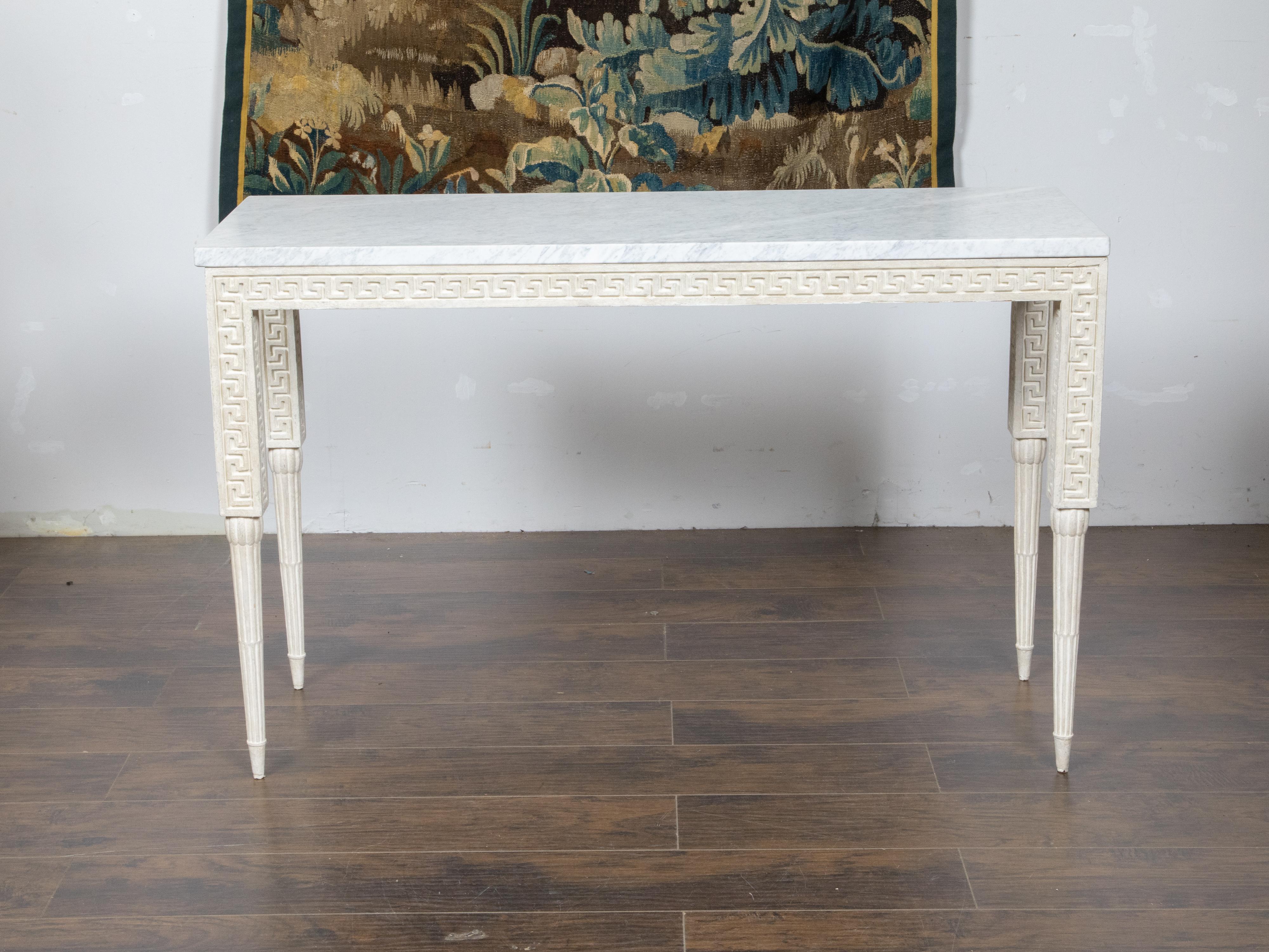 Italian Midcentury Console Table with White Marble Top and Carved Greek Key For Sale 1