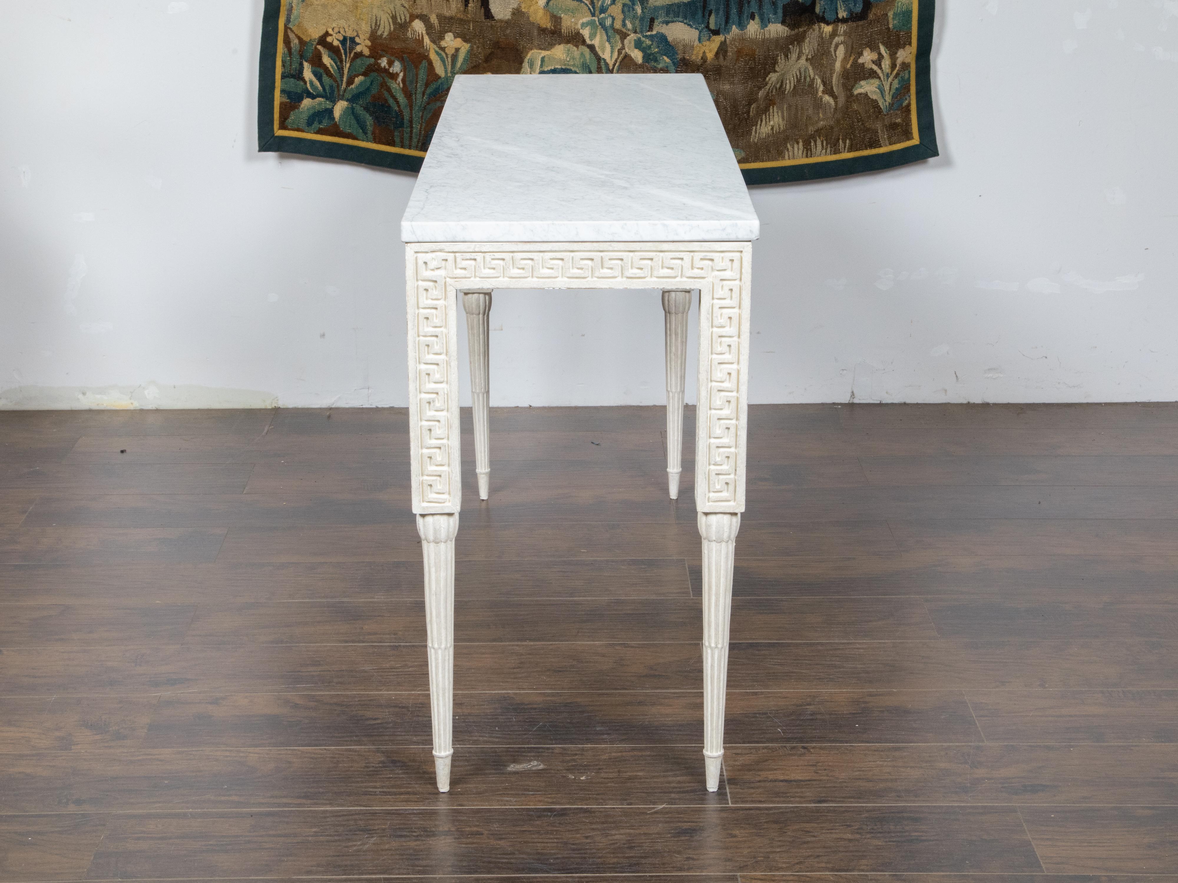 Italian Midcentury Console Table with White Marble Top and Carved Greek Key For Sale 2