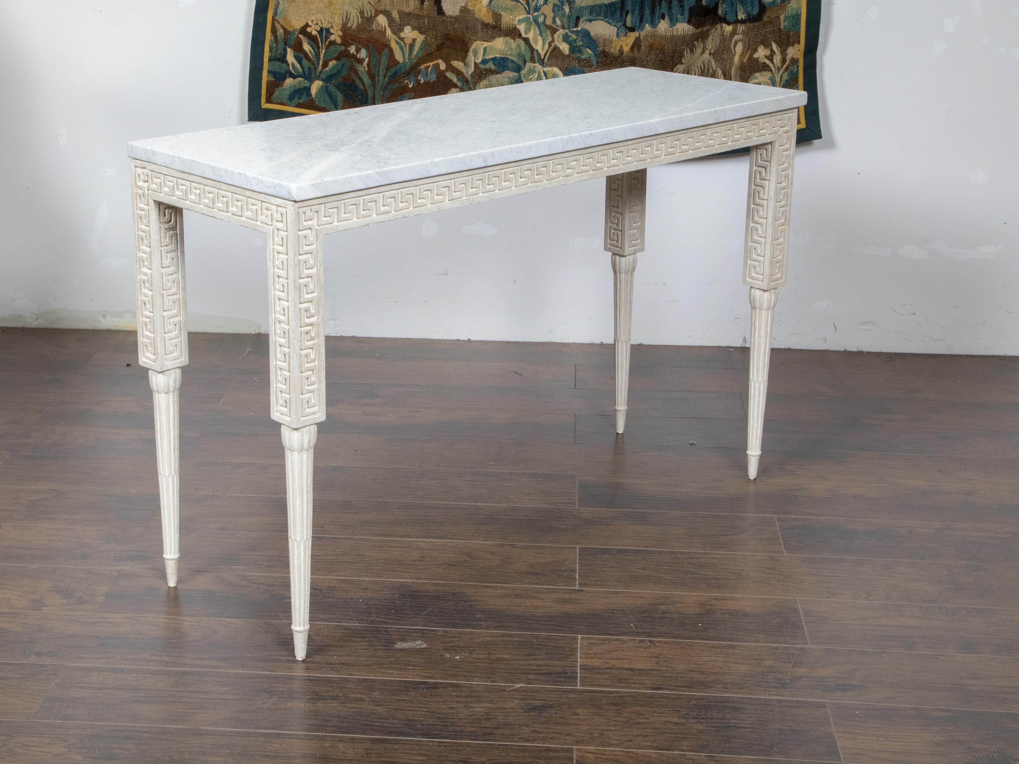 Italian Midcentury Console Table with White Marble Top and Carved Greek Key For Sale 3