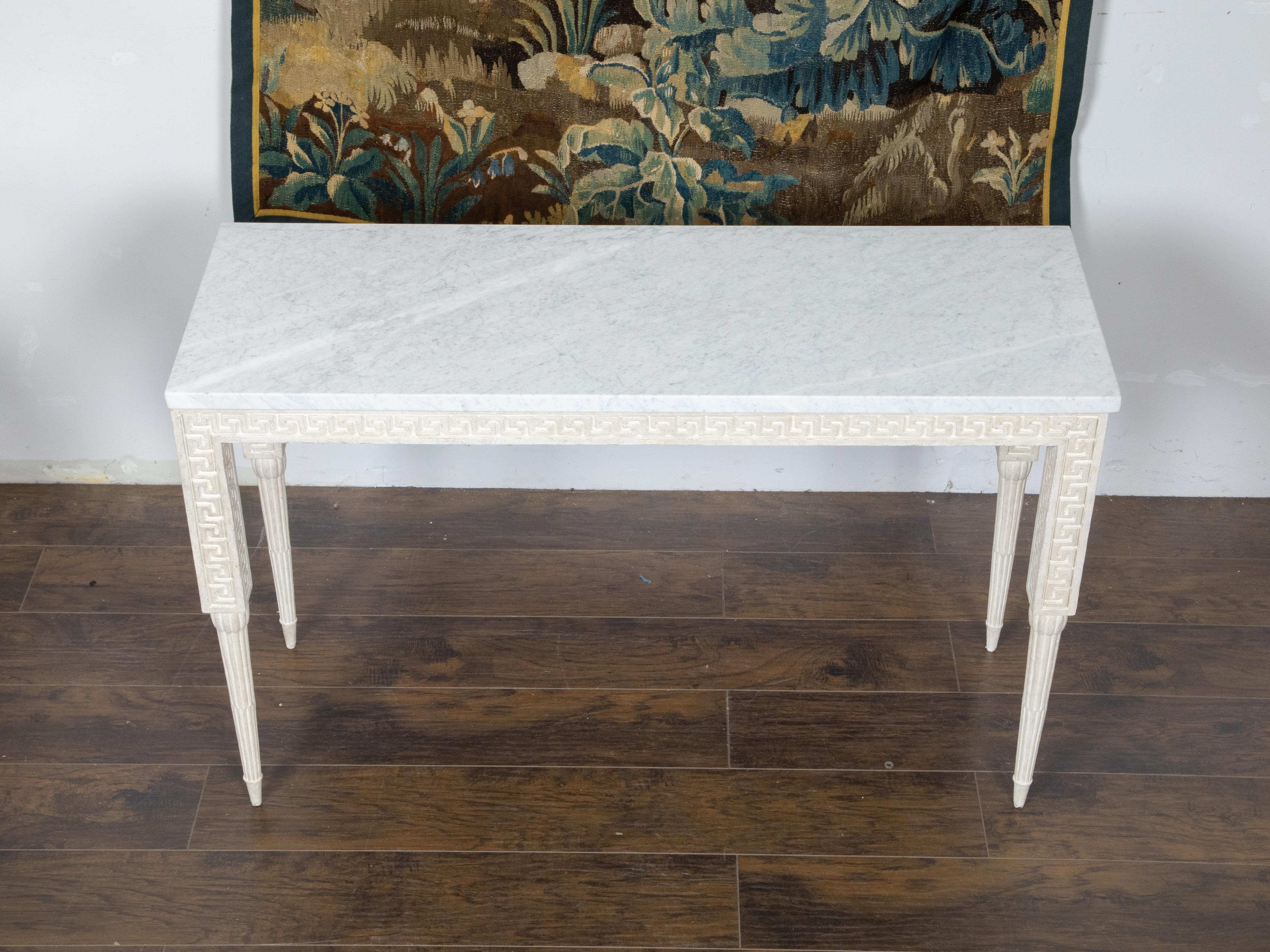 Italian Midcentury Console Table with White Marble Top and Carved Greek Key For Sale 4