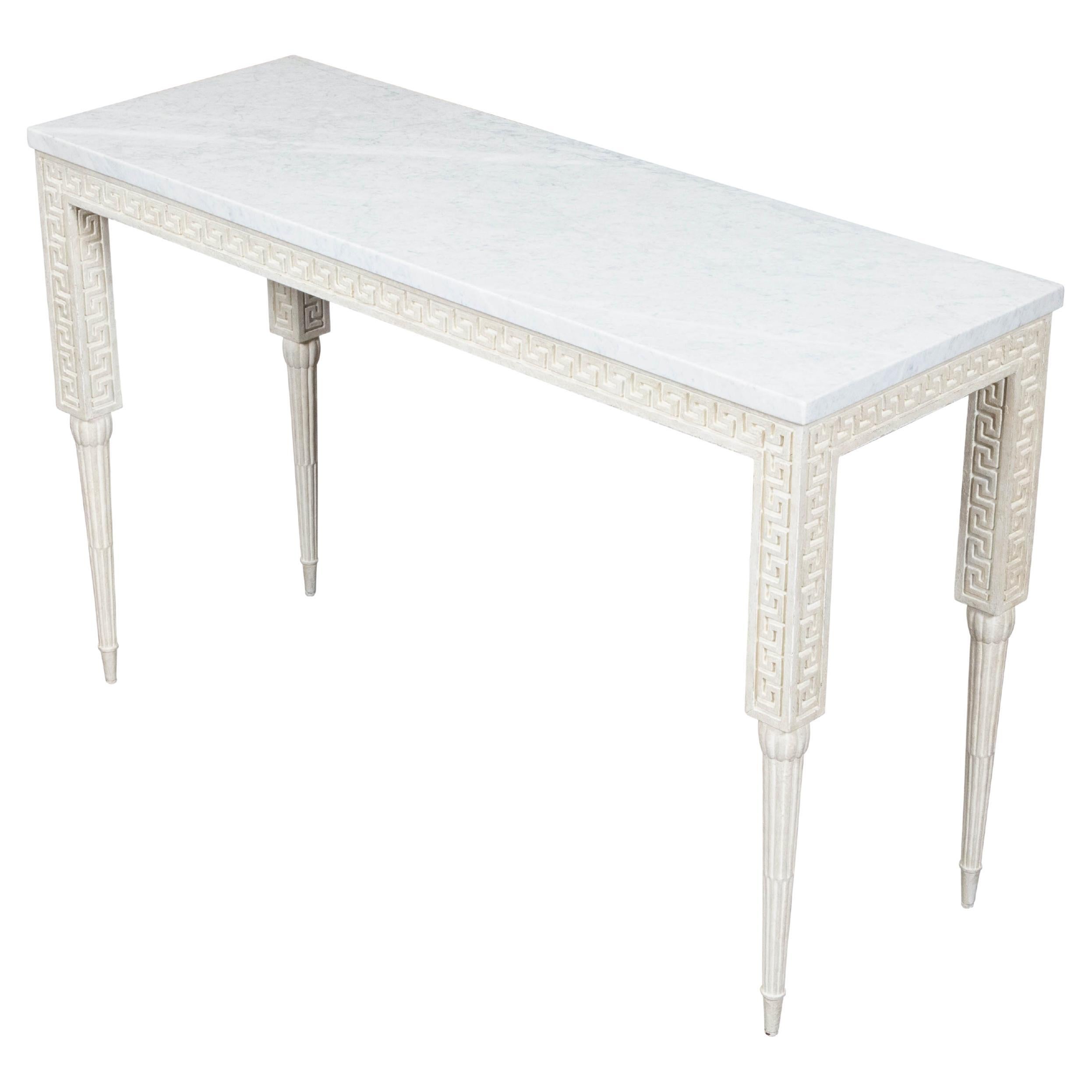 Italian Midcentury Console Table with White Marble Top and Carved Greek Key