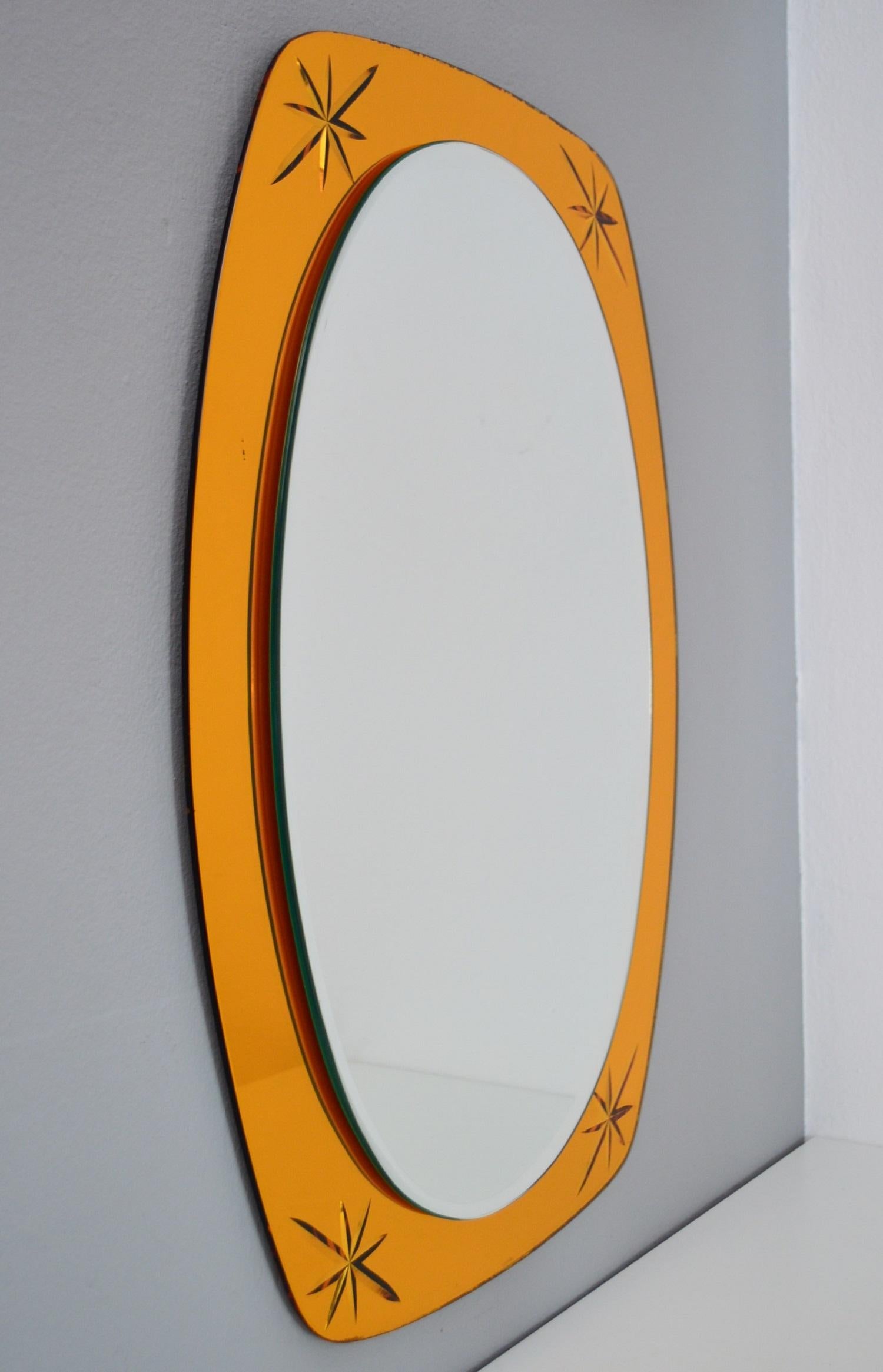Italian Midcentury Crystal Glass Wall Mirror in Golden Yellow Color, 1960s 6