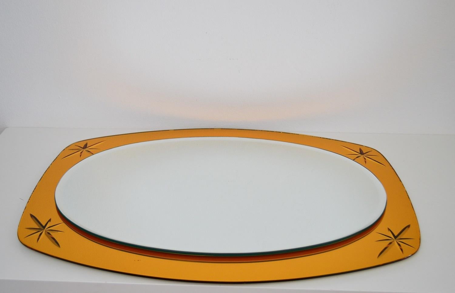Italian Midcentury Crystal Glass Wall Mirror in Golden Yellow Color, 1960s 10