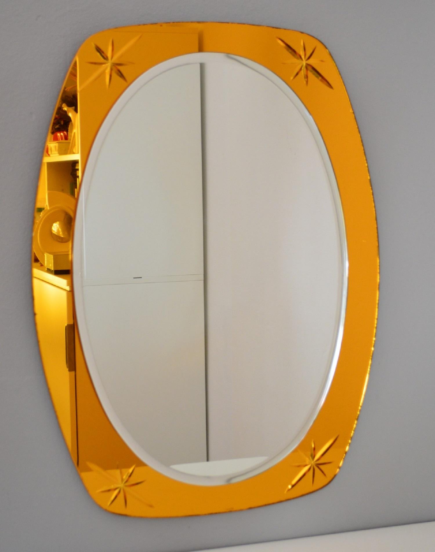 Mid-Century Modern Italian Midcentury Crystal Glass Wall Mirror in Golden Yellow Color, 1960s