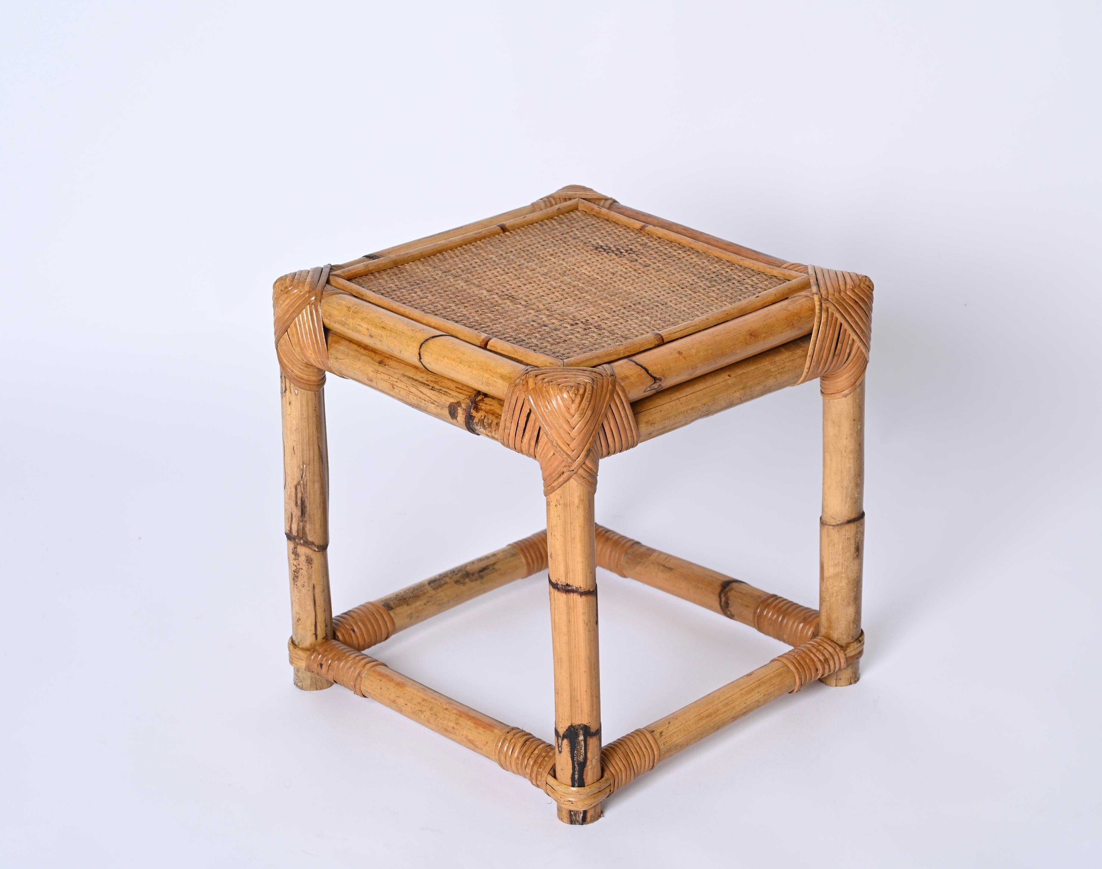 Italian Midcentury Cube Side Table or Pouf in Bamboo and Rattan, 1970s For Sale 5