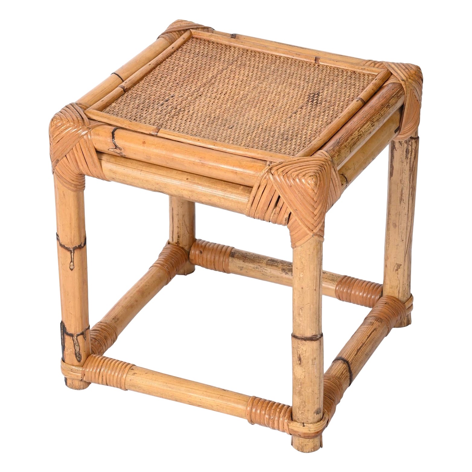 Italian Midcentury Cube Side Table or Pouf in Bamboo and Rattan, 1970s