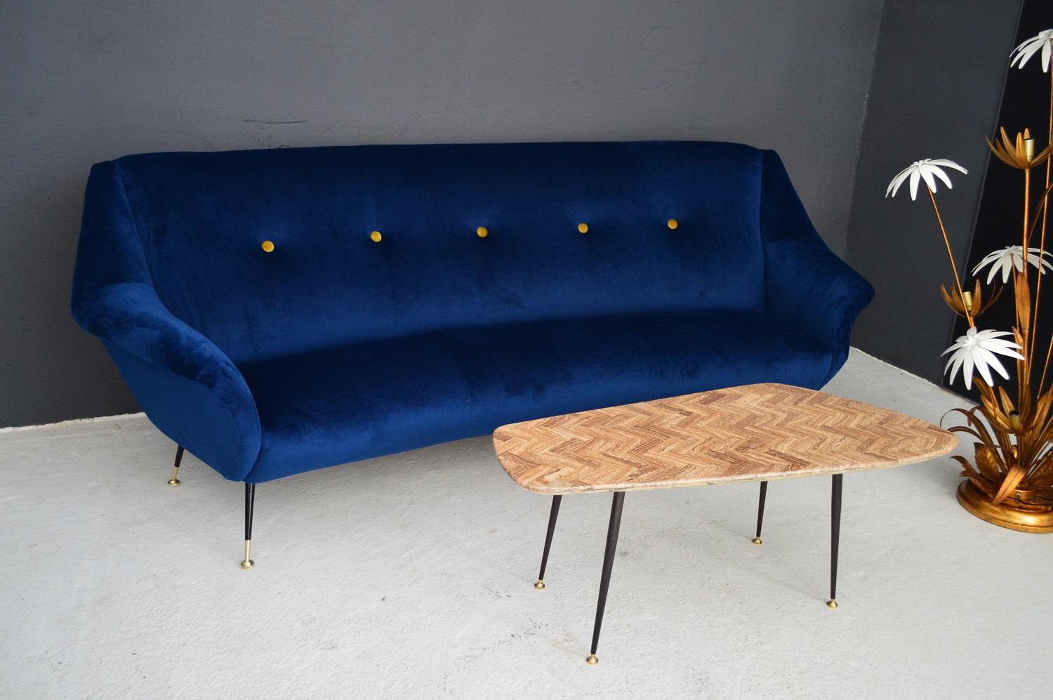 Italian Midcentury Curved Sofa in Blue Velvet, 1950s 14