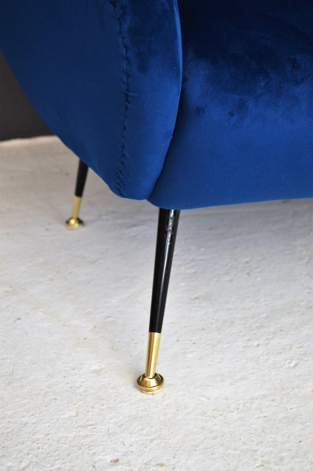 Brass Italian Midcentury Curved Sofa in Blue Velvet, 1950s