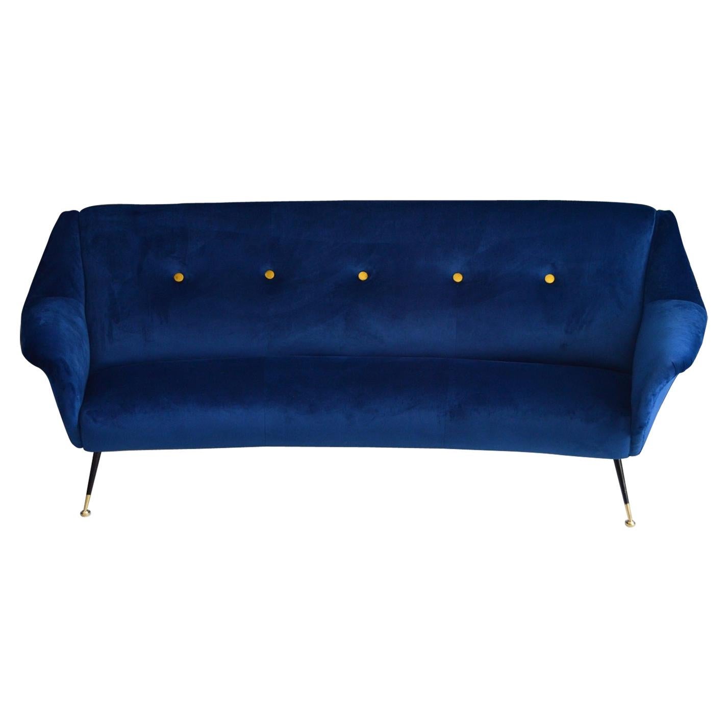 Italian Midcentury Curved Sofa in Blue Velvet, 1950s