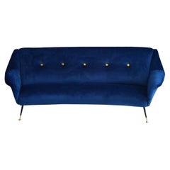 Italian Midcentury Curved Sofa in Blue Velvet, 1950s