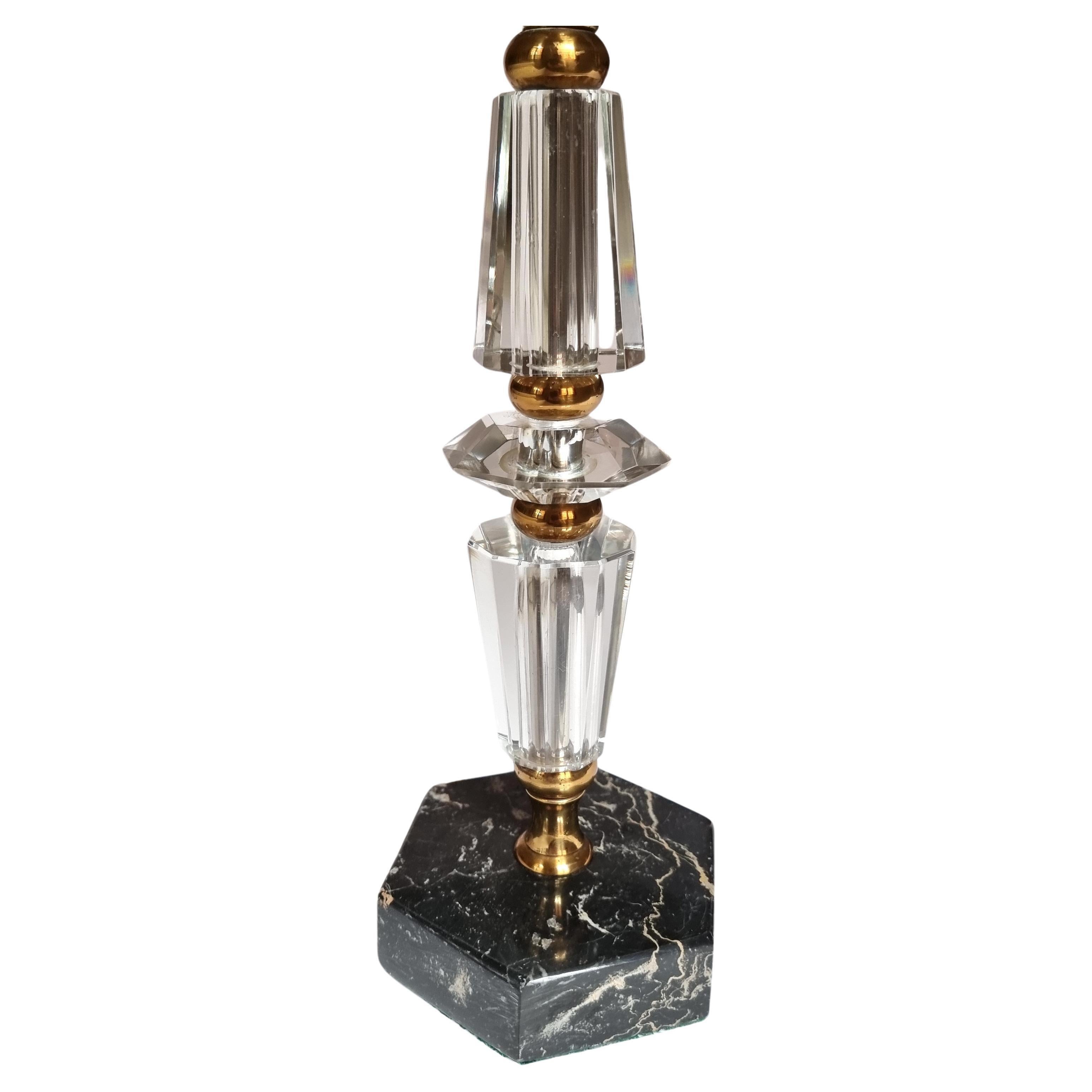 Hand-Crafted Italian Midcentury Cut Glass Table Lamp Black Marble Base with Fortuny Lampshade For Sale