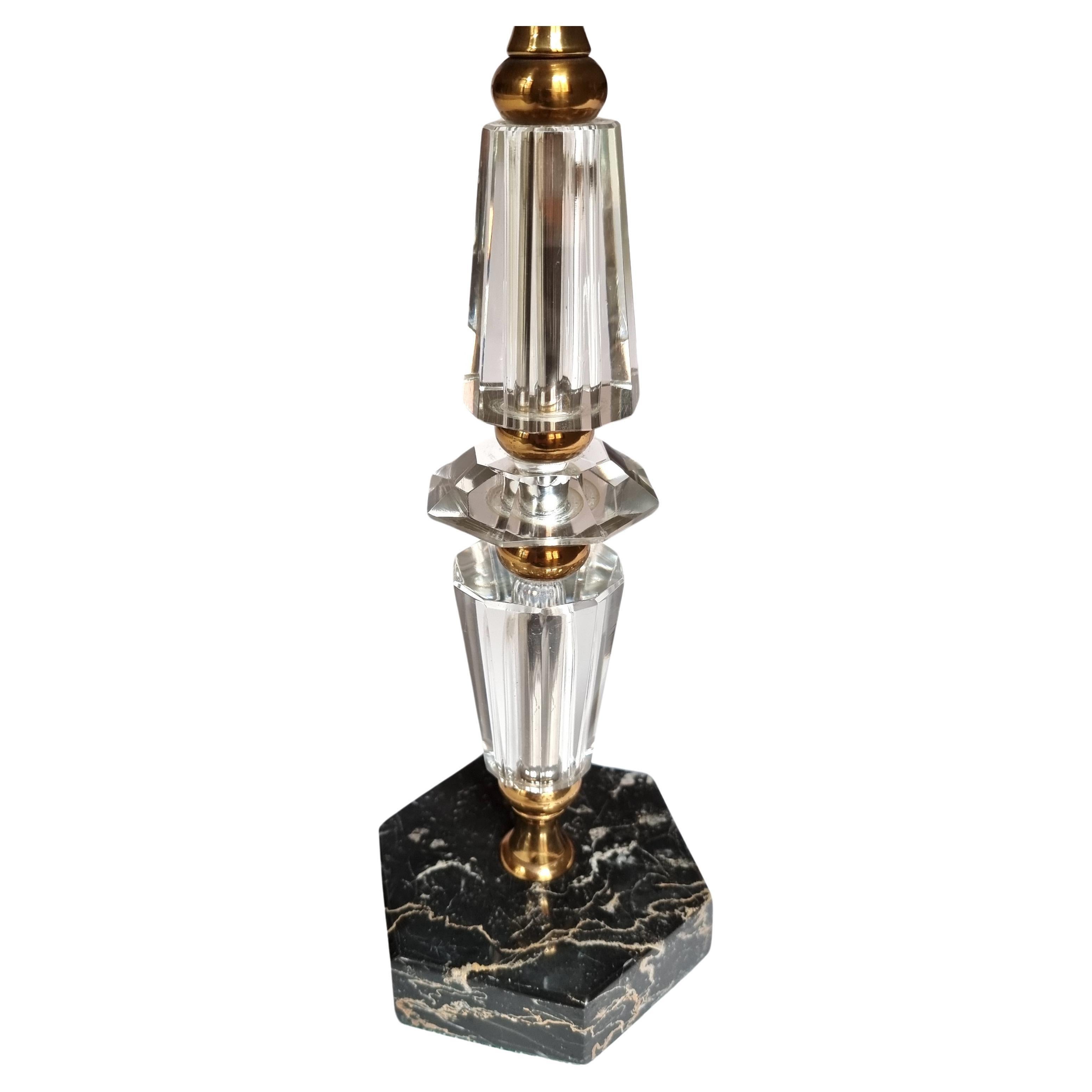 Italian Midcentury Cut Glass Table Lamp Black Marble Base with Fortuny Lampshade In Good Condition For Sale In Venezia, IT
