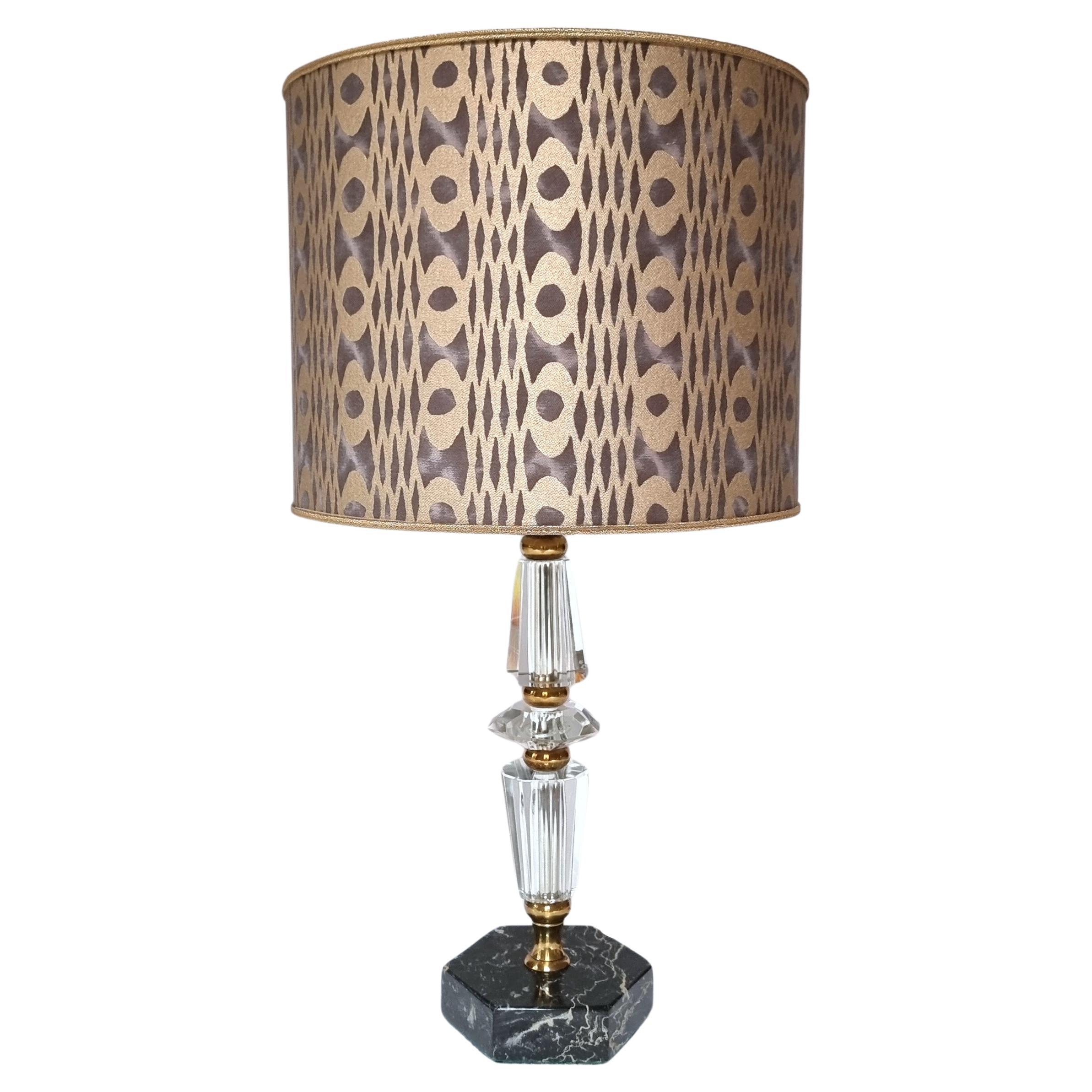 Italian Midcentury Cut Glass Table Lamp Black Marble Base with Fortuny Lampshade For Sale