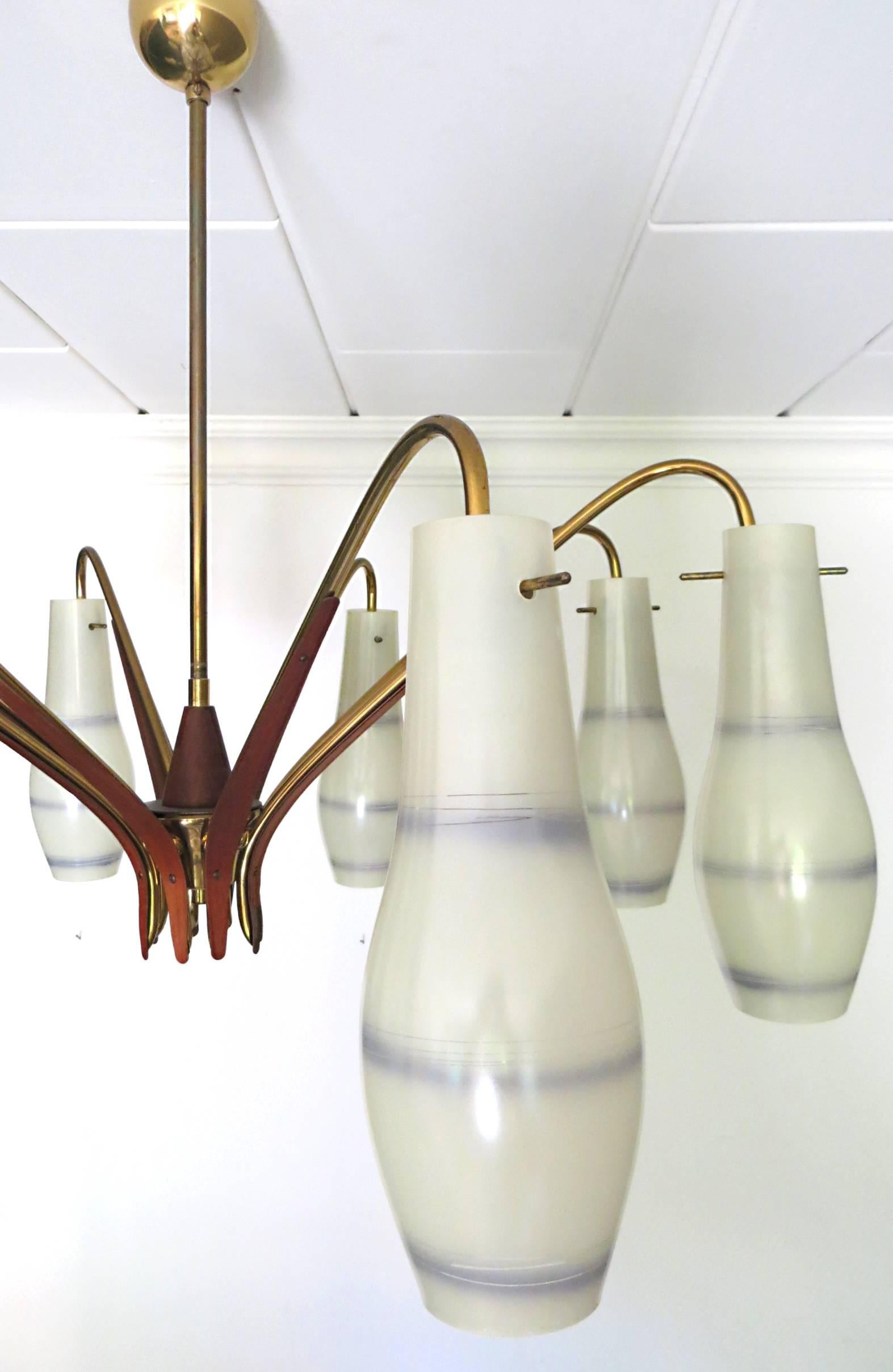 Italian Midcentury Design Glass Funnels and Teak Chandelier in Stilnovo Style 5