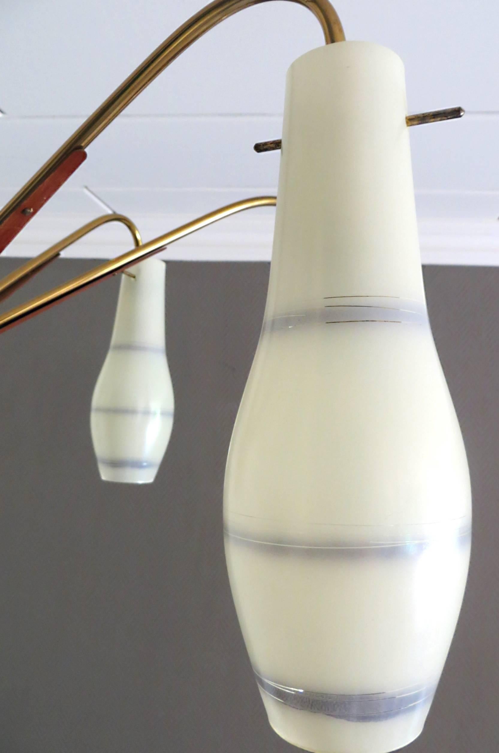Italian Midcentury Design Glass Funnels and Teak Chandelier in Stilnovo Style 2