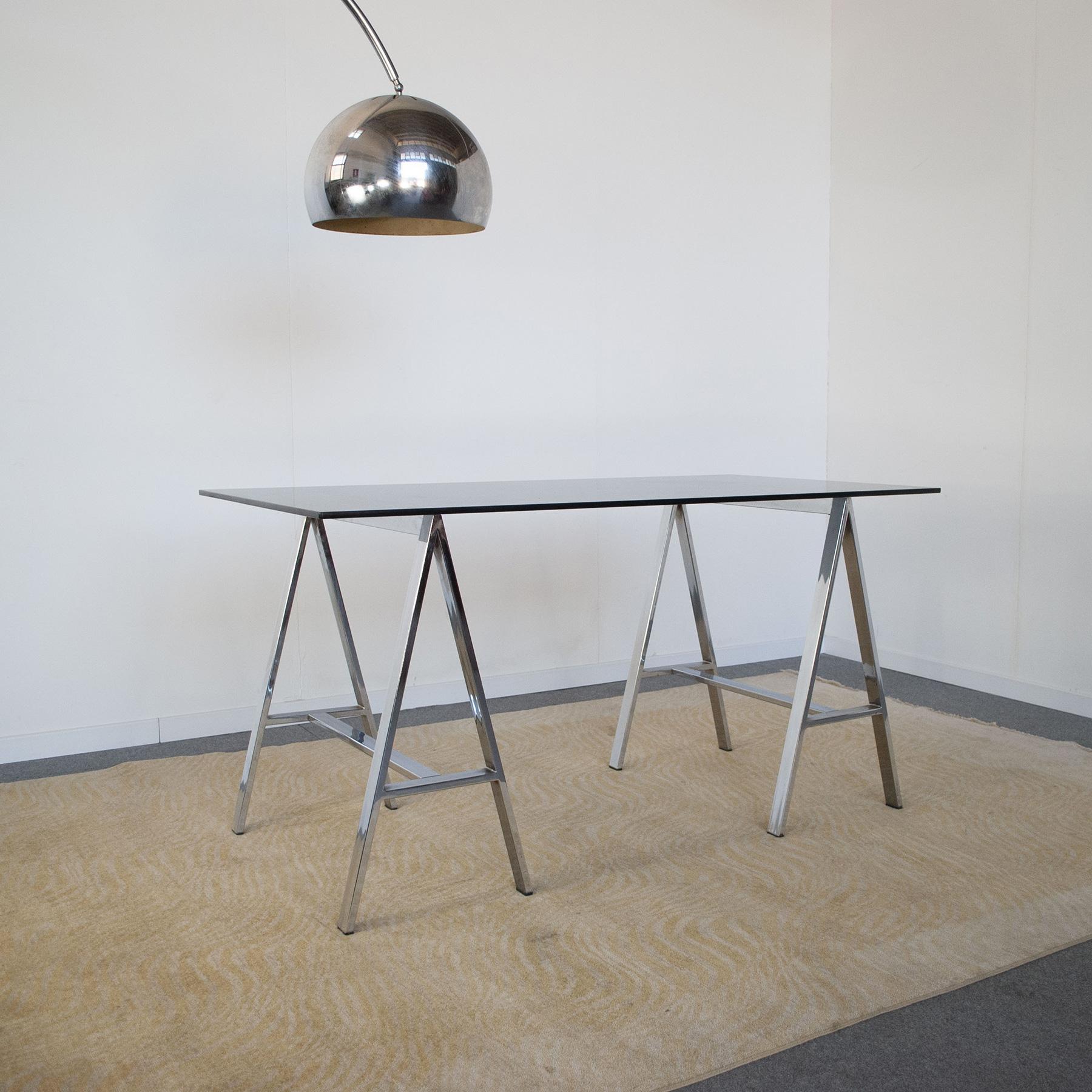 Steel Italian Midcentury Desk with Glass Top from the 70s For Sale