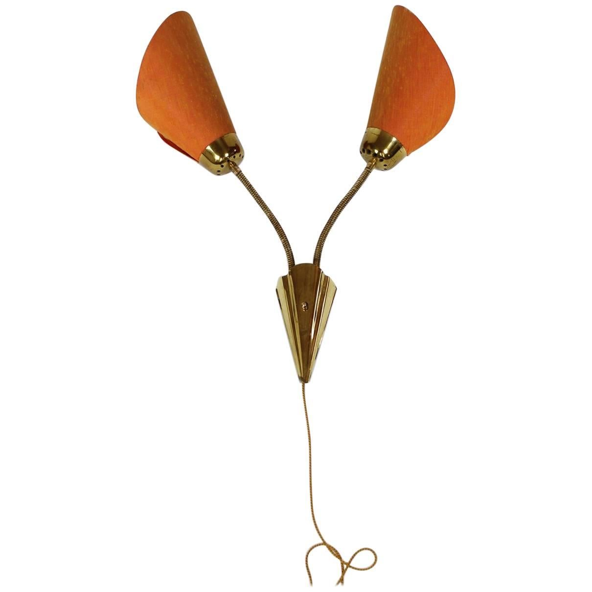 Italian Midcentury Double Gooseneck Wall Sconce in Brass, 1950s For Sale