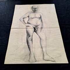 Italian Midcentury Drawing: Nude Man, Pencil and Charcoal.