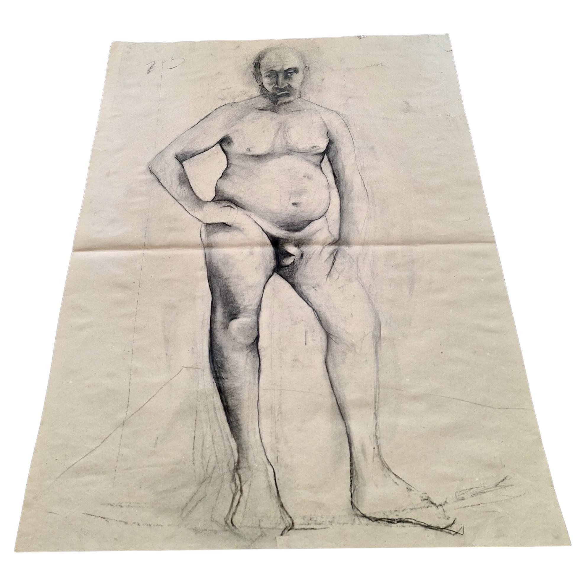 Disegno italiano del Medioevo: Uomo nudo, matita e carboncino.