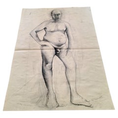 Dessin italien du milieu du siècle : Homme nu, crayon et fusain.