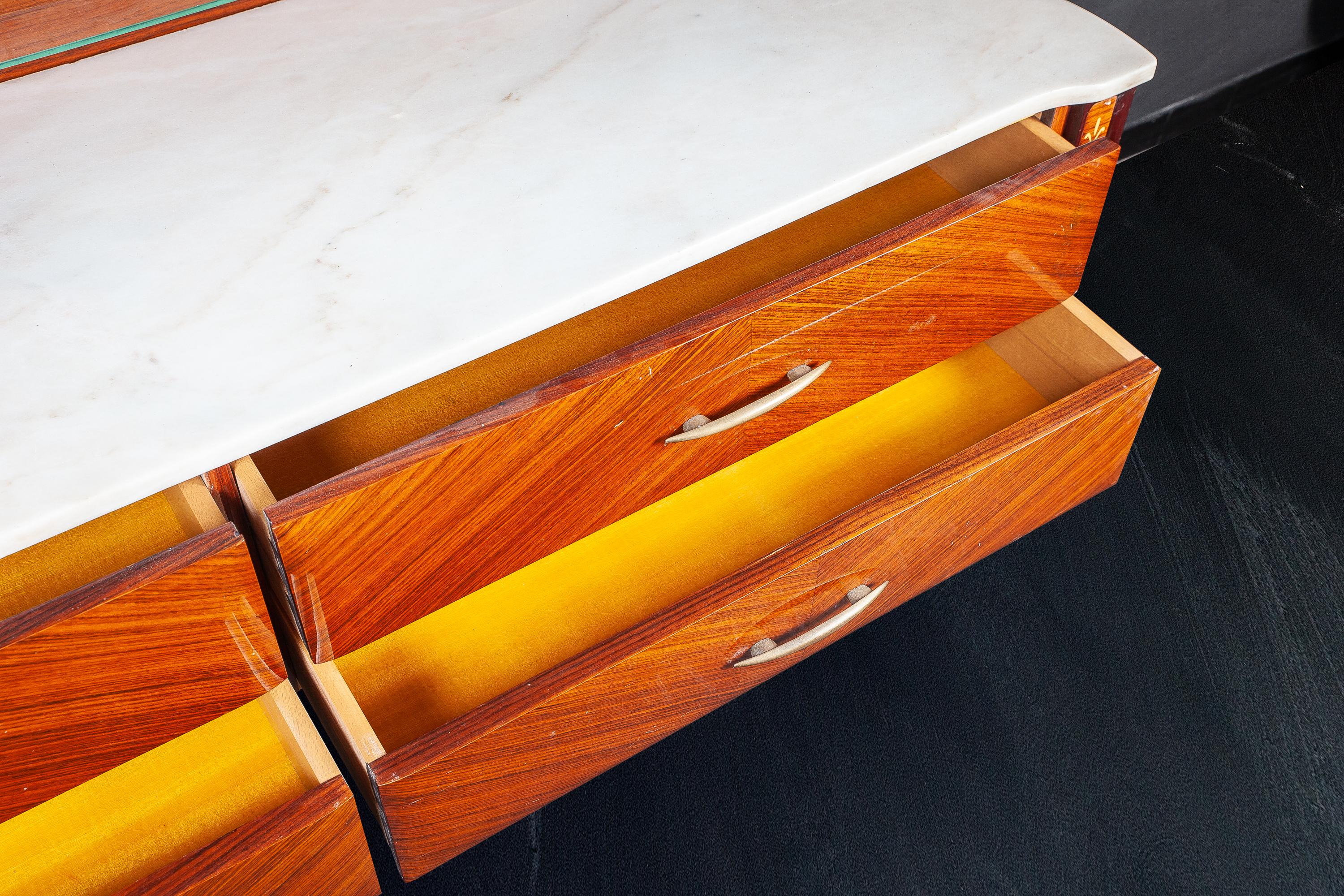 Wood Italian Midcentury Dresser or Chest of Drawer with Carrara Marble Top, 1970 For Sale