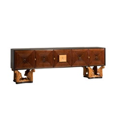 Italian Midcentury Eclectic Five Doors and Leaves Shaped Legs Credenza