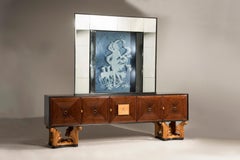 Italian Midcentury Eclectic Mirrored Credenza and Light Blue Illuminated Mirror