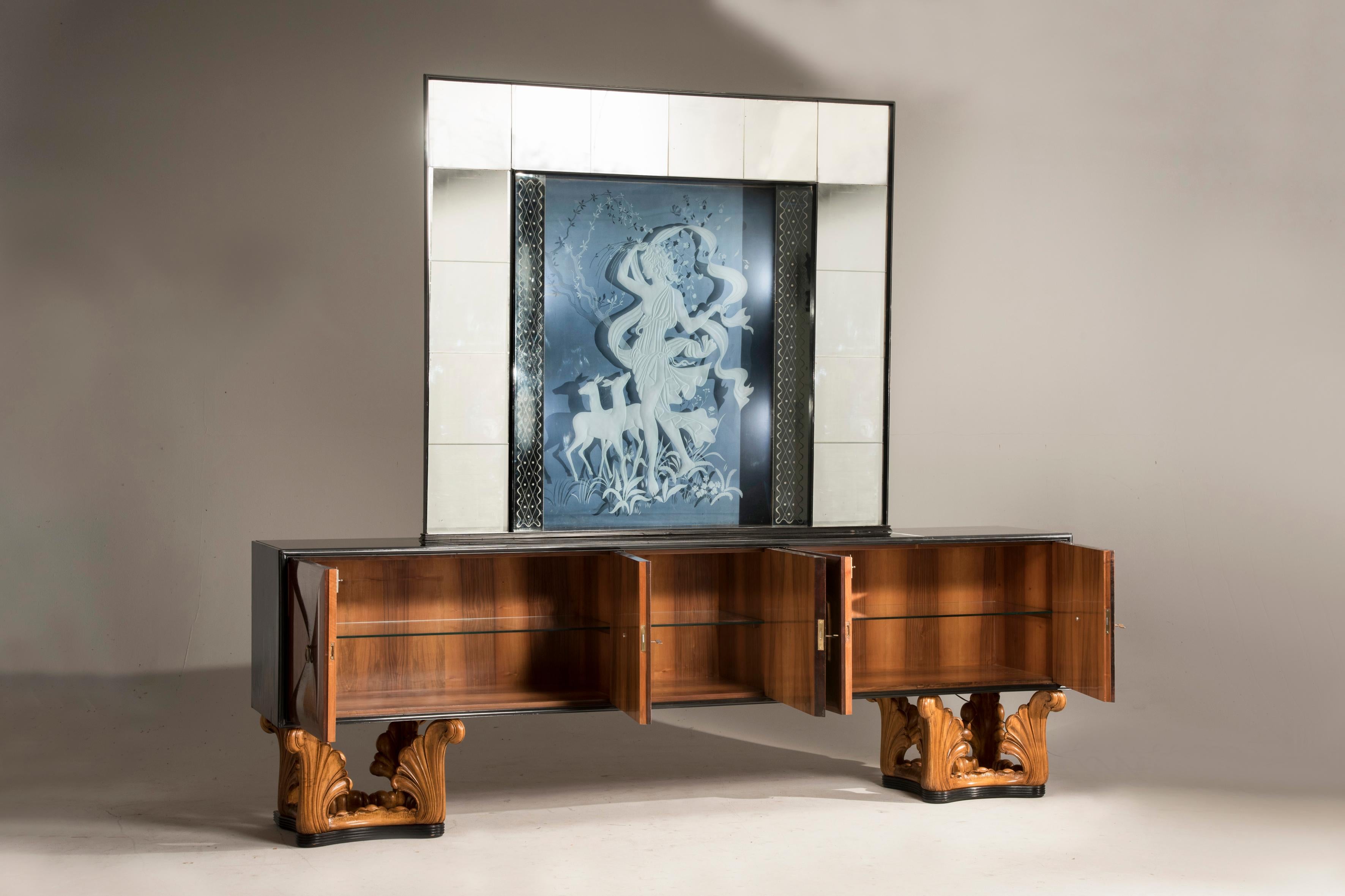 Art Deco Italian Midcentury Eclectic Mirrored Credenza and Light Blue Illuminated Mirror
