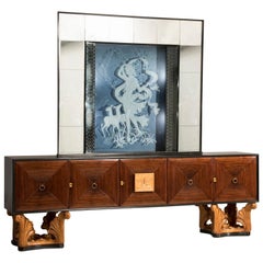 Italian Midcentury Eclectic Mirrored Credenza and Light Blue Illuminated Mirror