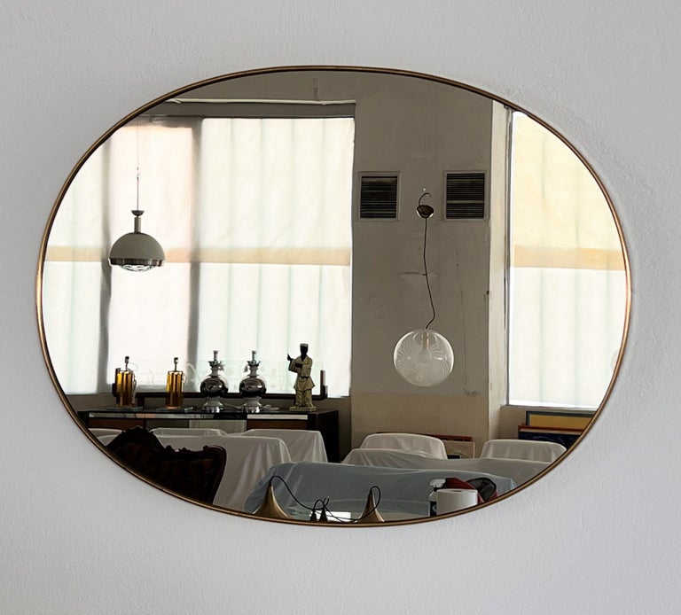 Italian Midcentury Extra Large Vintage Wall Mirror with Brass Frame