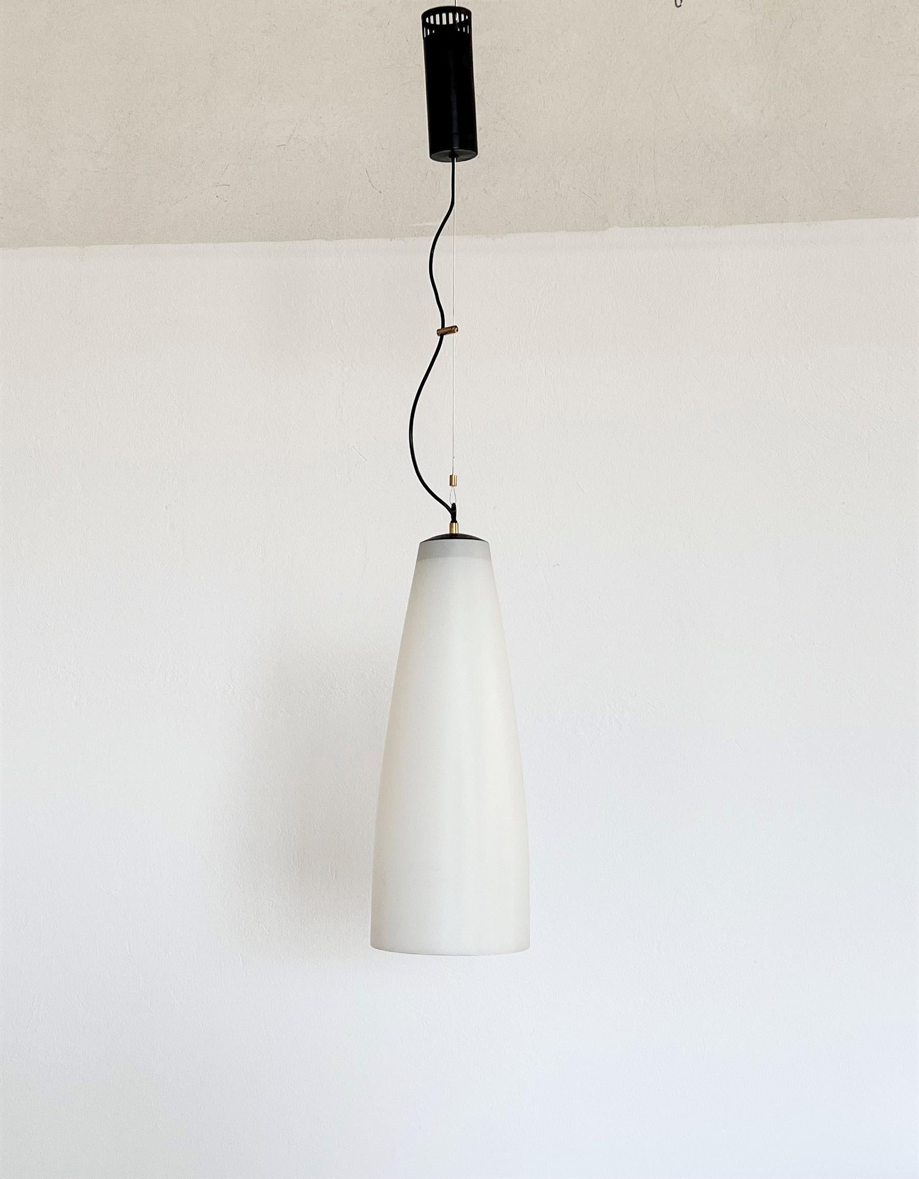 Late 20th Century Italian Midcentury Extra Long Pendant Light in Milky White Glass, 1970s For Sale