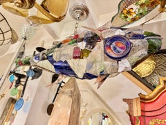 Italian Midcentury Fish Chandelier with Metal and Art Glass Insets.
