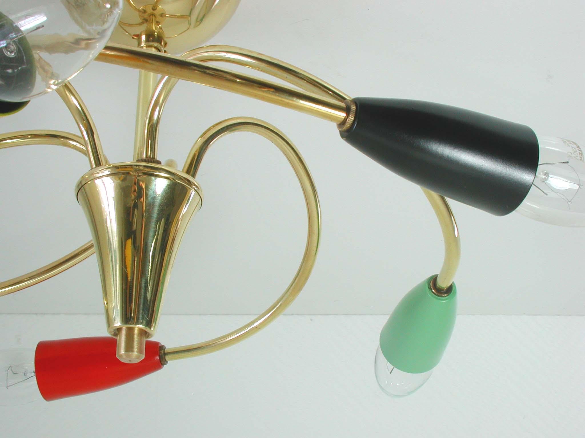 Italian Midcentury Five-Light Multi-Color Flush Mount Chandelier, 1950s In Good Condition In NUEMBRECHT, NRW