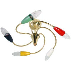 Italian Midcentury Five-Light Multi-Color Flush Mount Chandelier, 1950s