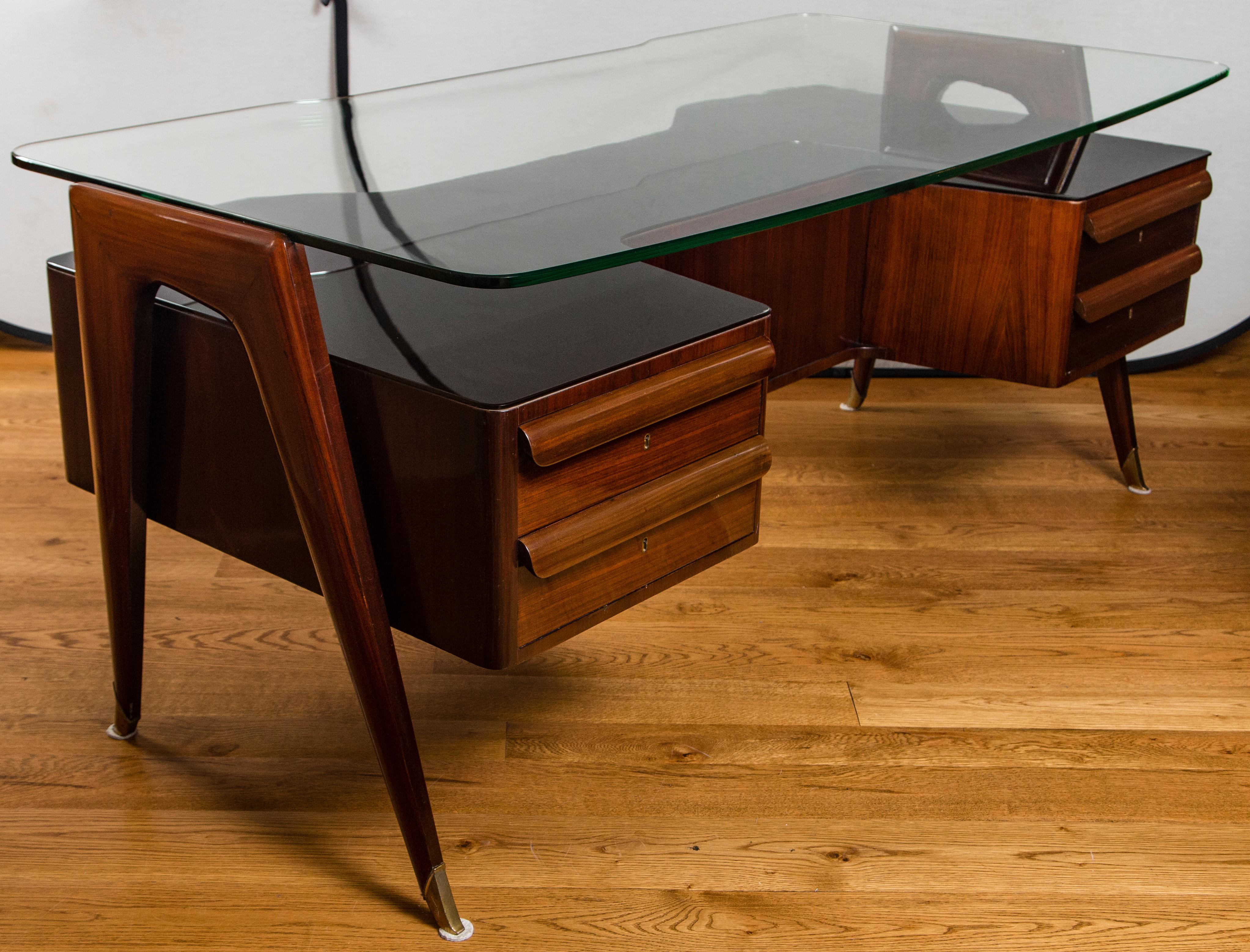 Rosewood Italian Midcentury Floating Glass Executive Desk by Vittorio Dassi