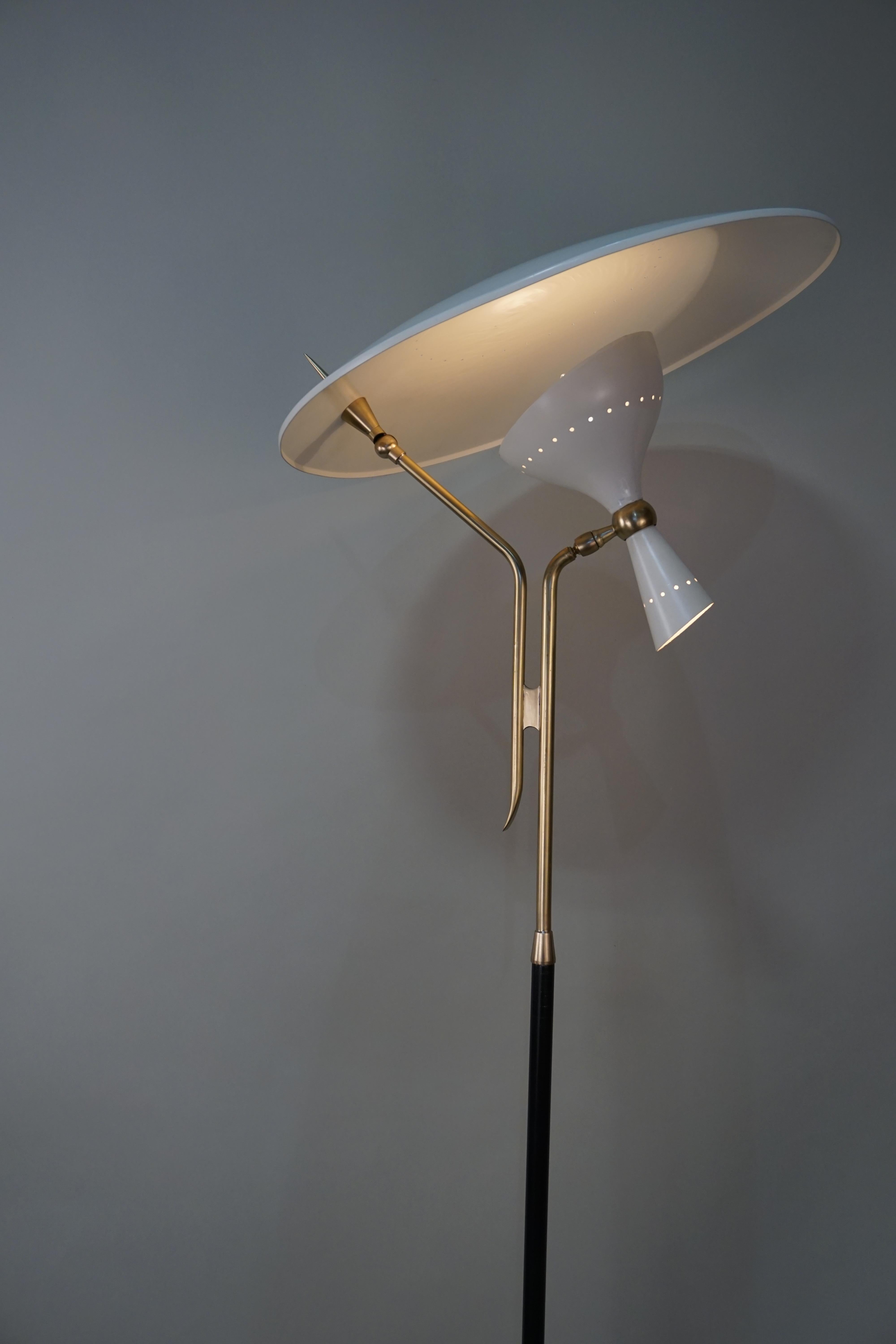 Midcentury floor lamp with black lacquer on bronze column with white marble base and off-white lacquer shade.