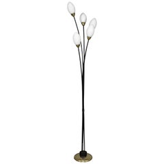 Italian Midcentury Floor Lamp in Brass and Opaline Glass, Italy, circa 1950