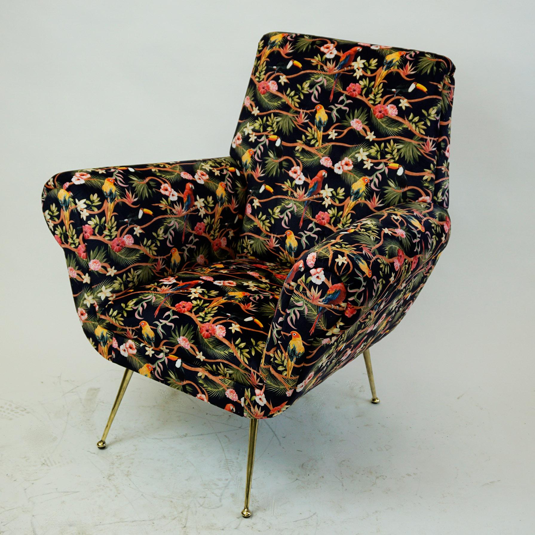Amazing and comfortable Italian Mid-Century Modern Loungechair with new top quality black Velvet with floral ornaments and birds. It features a solid wooden frame with elegant brass legs. A perfect highlight for any Mid-Century Modern interior!