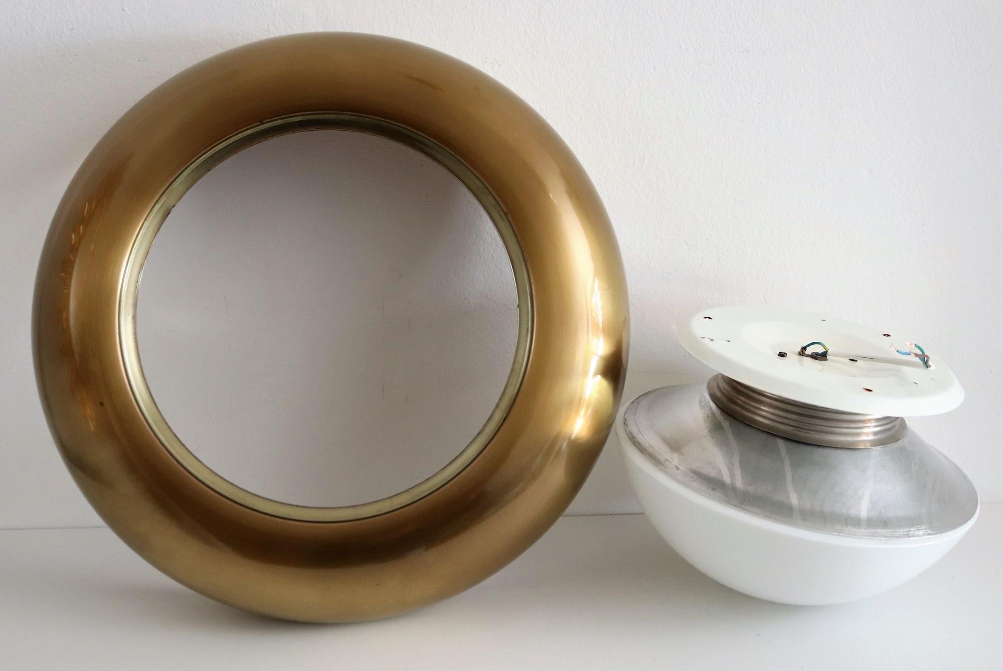 Italian Midcentury Flush Mount in Brass and Opaline Glass by Valenti Luce, 1960s 5