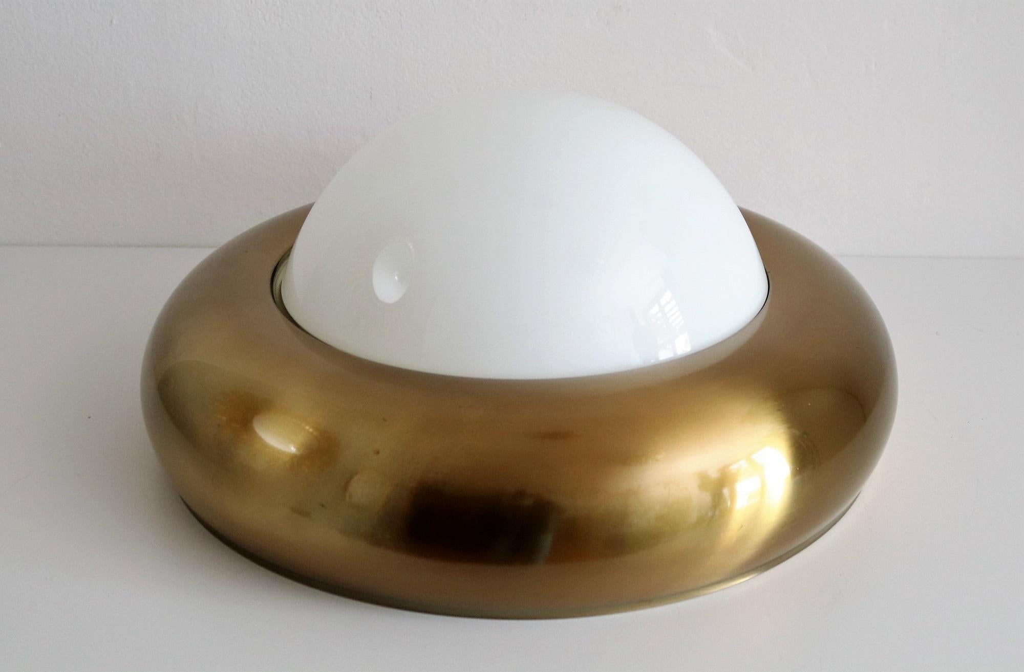 Burnished Italian Midcentury Flush Mount in Brass and Opaline Glass by Valenti Luce, 1960s