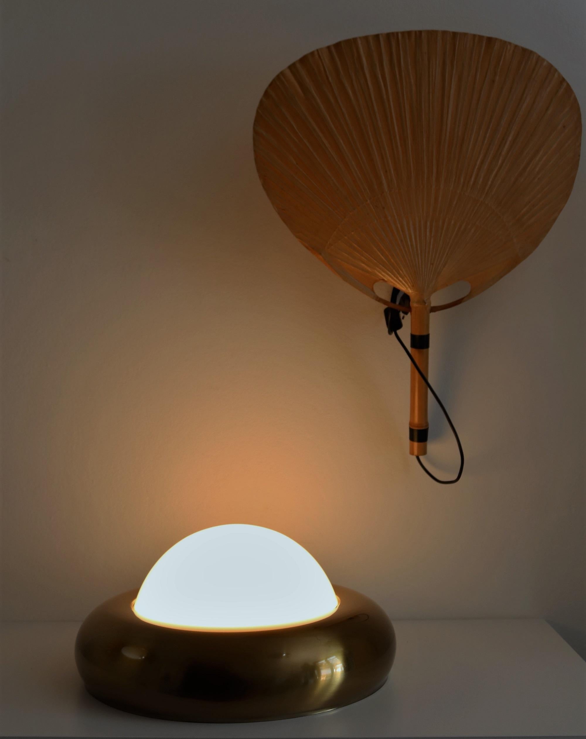 Italian Midcentury Flush Mount in Brass and Opaline Glass by Valenti Luce, 1960s In Good Condition In Morazzone, Varese