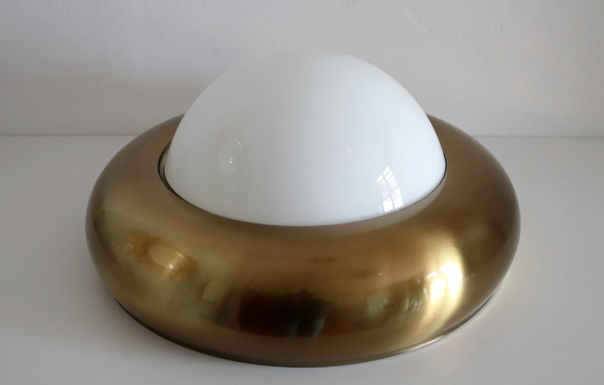 Italian Midcentury Flush Mount in Brass and Opaline Glass by Valenti Luce, 1960s 3