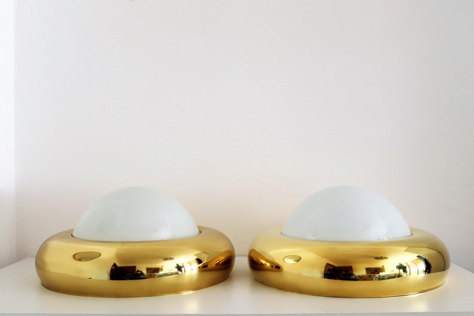 Italian Midcentury Flush Mount Light in Brass and Opaline Glass by Valenti 1970s 5