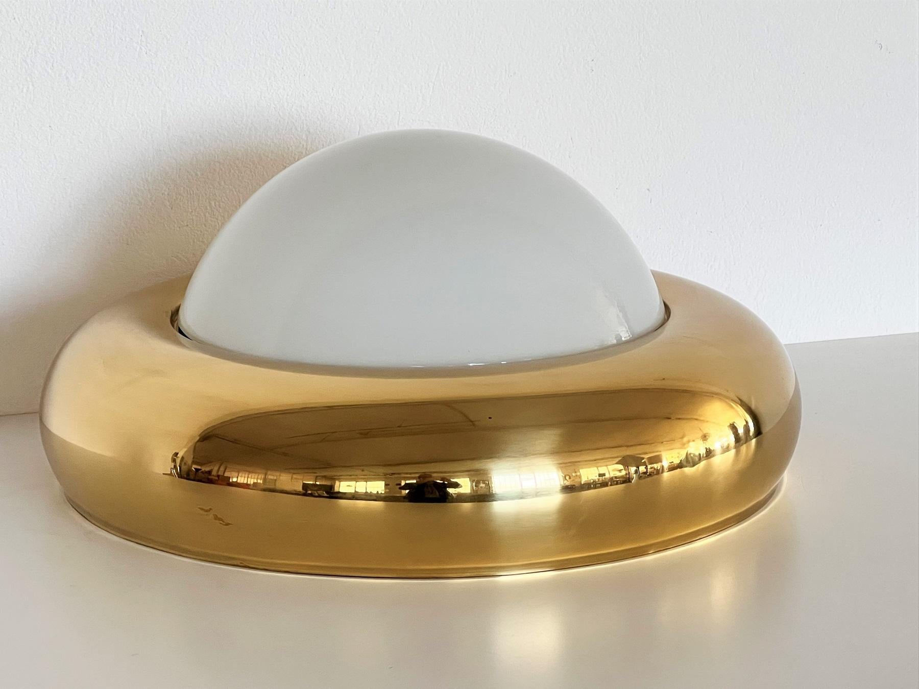 Italian MidCentury Flush Mount Light in Brass and Opaline Glass by Valenti 1970s 5