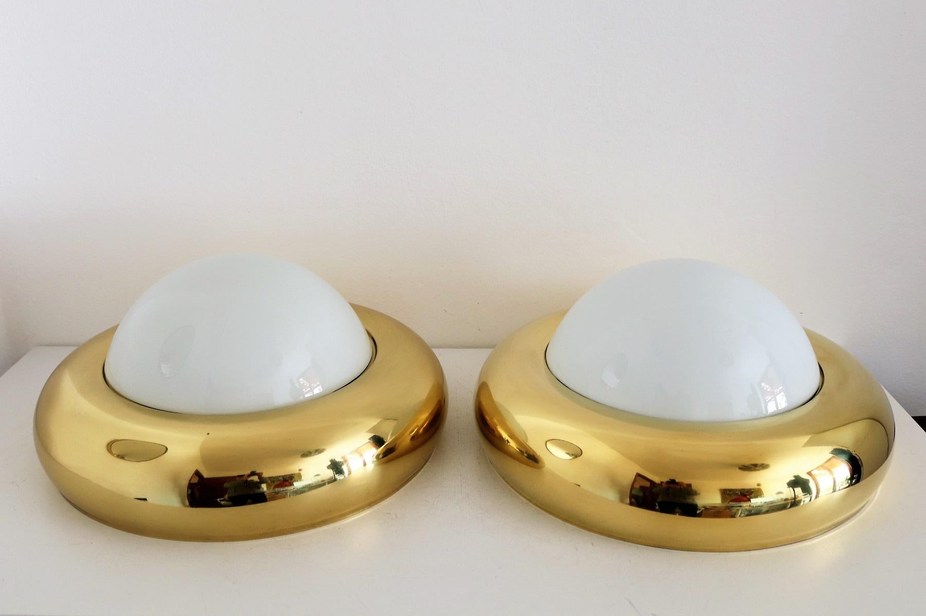Italian Midcentury Flush Mount Light in Brass and Opaline Glass by Valenti 1970s 6