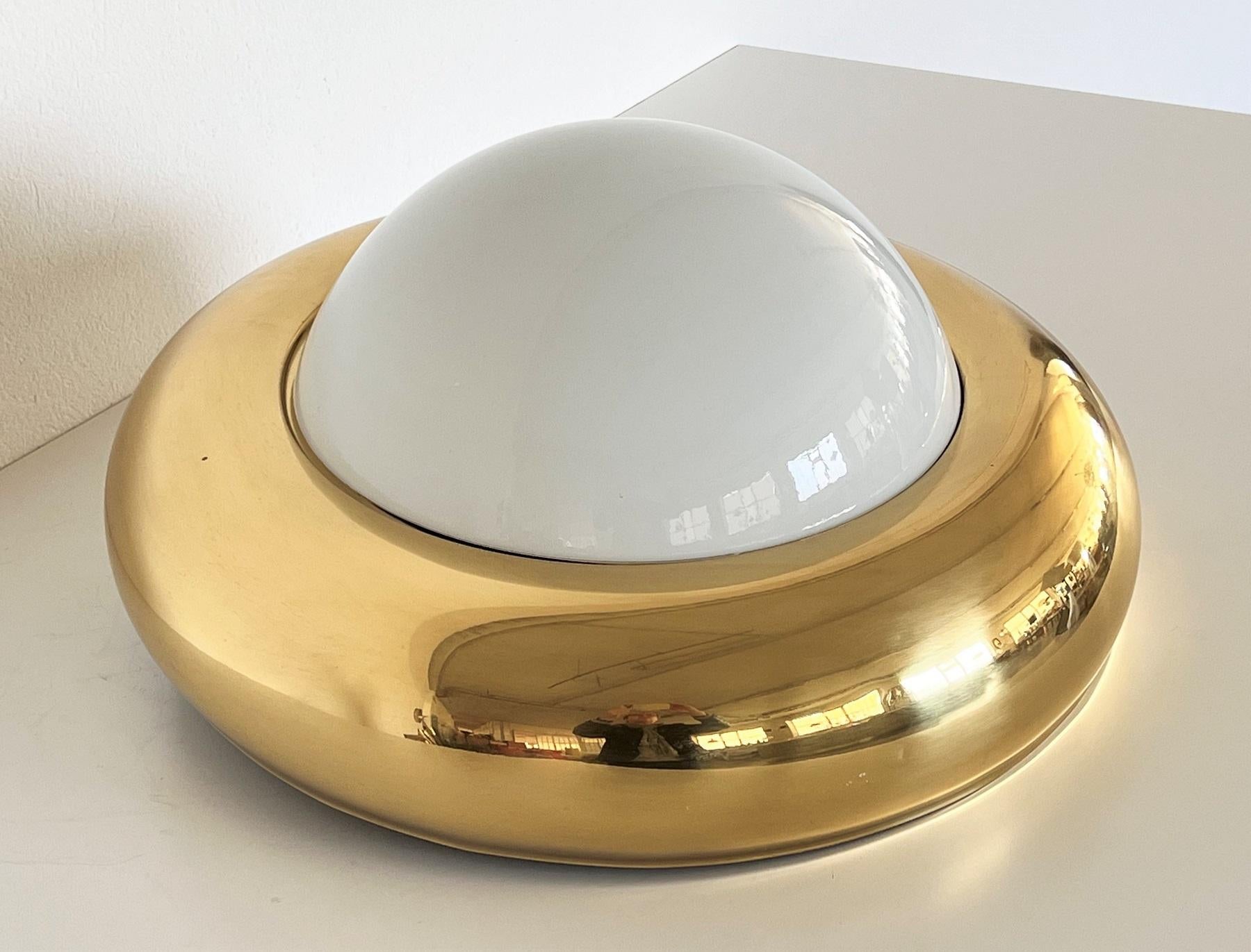 Italian MidCentury Flush Mount Light in Brass and Opaline Glass by Valenti 1970s 6