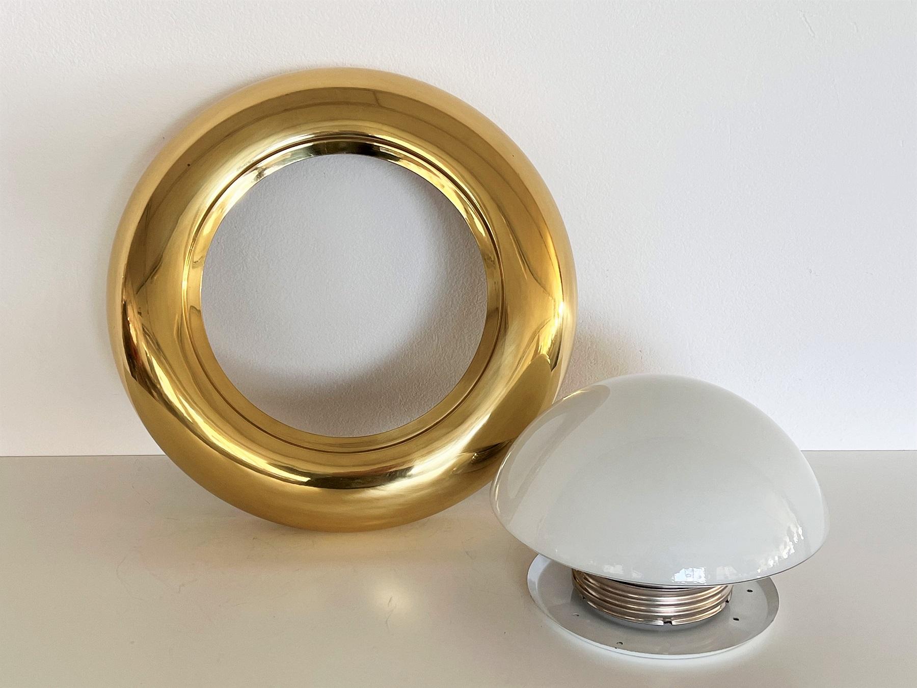 Italian MidCentury Flush Mount Light in Brass and Opaline Glass by Valenti 1970s 8